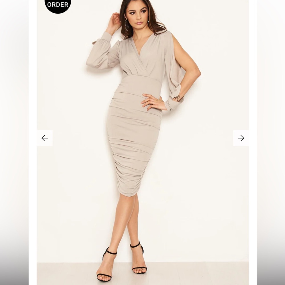 AX Paris Ruched Stretch Dress Midi Cross Front Split Sleeves Sz 14 NWT